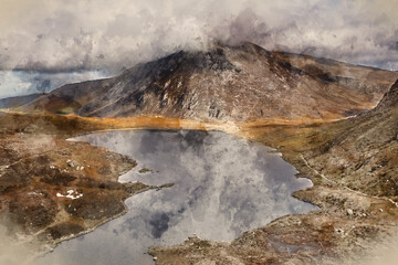 Digital watercolour painting of Aerial view of flying drone Epic dramatic Autumn landscape image of Llyn Idwal in Devil's Kitchen in Snowdonia National Park with gorgeous light