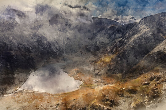 Digital watercolour painting of Aerial view of flying drone Epic dramatic Autumn landscape image of Llyn Idwal in Devil's Kitchen in Snowdonia National Park with gorgeous light
