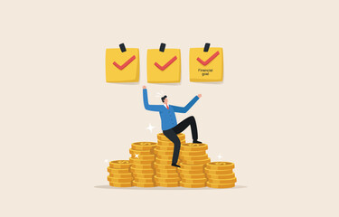 Financial goals wealth management and investment plans to achieve goals. Businessman or investor sits on a pile of gold coins.