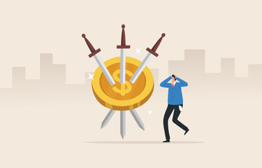 Financial problems. Debt, loan payment or mortgage problem. Financial mistake losing money.  Three swords are embroidered on the money coin. Destitute Businessman.
