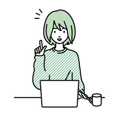 デスクで座ってPCを開いて何かひらめいたリモートワークの女性