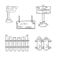 Monochrome set of icons, Vintage wooden objects, along the fence, square sign and pointer, vector cartoon