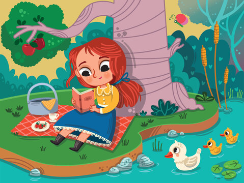 Illustration of a young girl having picnic in nature and reading a book.
