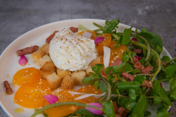 Recipe Poached Eggs, Watercress Salad, Tomatoes and Croutons, Raspberry Vinegar, High quality photo