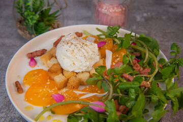 Recipe Poached Eggs, Watercress Salad, Tomatoes and Croutons, Raspberry Vinegar, High quality photo