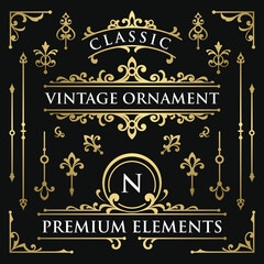 Vintage ornament elements set template gold vector