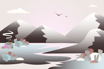 Fototapeta na wymiar Beautiful landscape with a rustic house, abstract minimalistic illustration. Beautiful country house with garden and forest. Cartoon vector illustrations. Design for web design development.