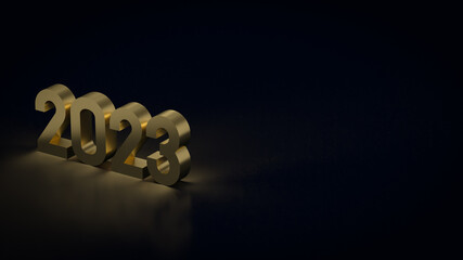 The gold number 2023 in black background  3d rendering