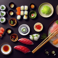 A close up of a  tasty plate of sushi on a black japanese Table