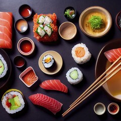 A close up of a  tasty plate of sushi on a black japanese Table