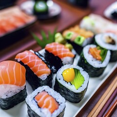 A close up of a  tasty plate of sushi on a black japanese Table