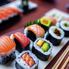 A close up of a  tasty plate of sushi on a black japanese Table