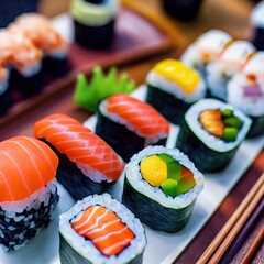 A close up of a  tasty plate of sushi on a black japanese Table