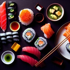 A close up of a  tasty plate of sushi on a black japanese Table