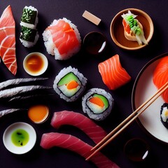 A close up of a  tasty plate of sushi on a black japanese Table