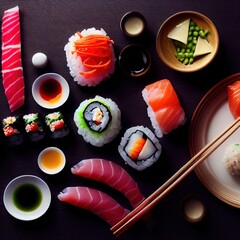 A close up of a  tasty plate of sushi on a black japanese Table