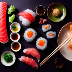 A close up of a  tasty plate of sushi on a black japanese Table