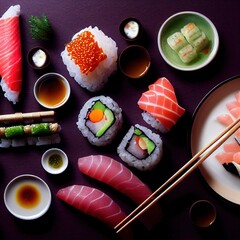A close up of a  tasty plate of sushi on a black japanese Table