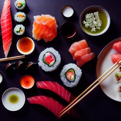 A close up of a  tasty plate of sushi on a black japanese Table