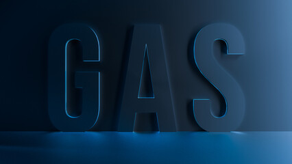 The word GAS on a dark background with blue neon illumination. GAS banner, dark. 3D render.