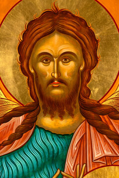 Byzantine Style Orthodox Icon depicting St. John the Baptist portrait, face detail.