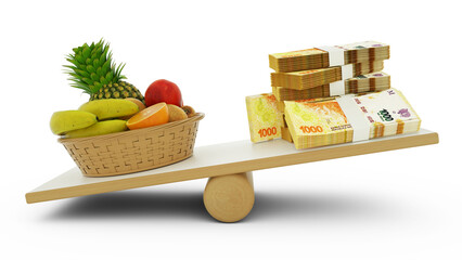 food Inflation, Weighing Argentine currency against foodstuffs, high cost of living, 3d rendering