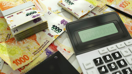 close up of Argentine peso notes spread on table. 3d rendering of money scattered on surface