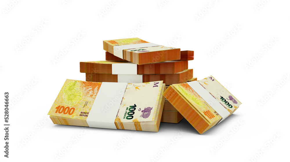 Aufkleber 3d rendering of stack of argentine peso notes. bundles of argentine currency notes isolated on white