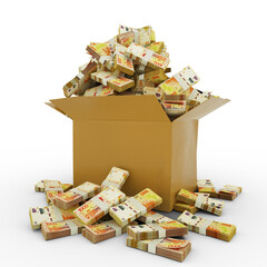 3d rendering of cardboard box full of Argentine peso notes isolated  on a white background