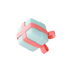 Cute pastel gift box. 3D render holiday surprise box. Flying blue box with pink ribbon.
