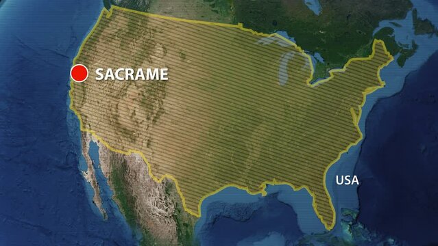 Designation of the borders the United States of America on the map and the mark of the location of the city of Sacramento