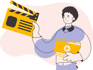 Blogger guy. Video blogging and podcast concept. Trendy style line art. Vector illustration.