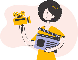 Girl blogger. The concept of social networking. Line art trendy style. Isolated on white background. Vector illustration.