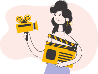 Girl blogger. The concept of social networking. Line art trendy style. Isolated on white background. Vector.