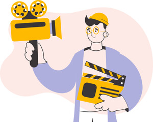 Blogger guy. Video blogging and podcast concept. Line art trendy style. Vector illustration.