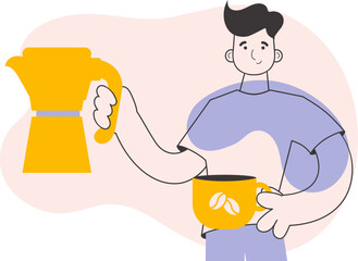 The man serves coffee. Trendy style line art. Vector illustration.