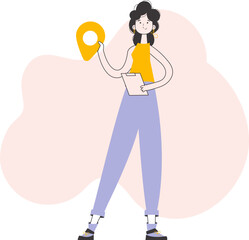 Girl Courier holding tablet and geolocation tag. Line art trendy style. Vector illustration.