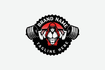 Hoodie man gym and fitness logo with white background, gym and fitness icon with barbell and circle.