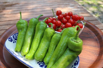 Some tiny cherry tomatoes and green peppers in white plates on wooden concept.