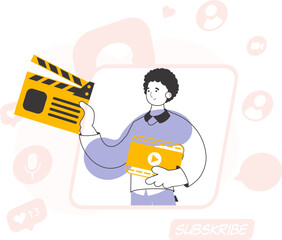 Trendy style line art. Blogger guy. Video blogging and podcast concept. Vector illustration.