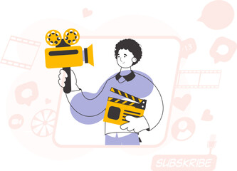 Trendy style line art. Blogger guy. Video blogging and podcast concept. Vector.