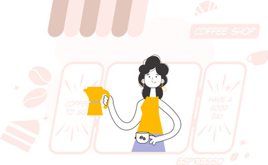 Barista girl. Trendy style line art. Vector illustration.