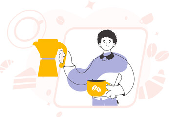 The man serves coffee. Line art style. Vector.