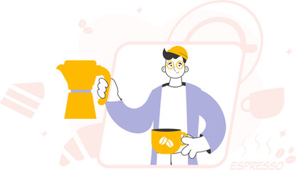 The man serves coffee. Line art trendy style. Vector illustration.