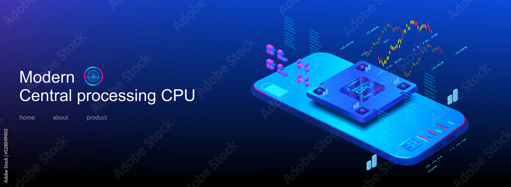 Poster central powerful processor processor with a mobile phone in axonometric projection. modern digital m