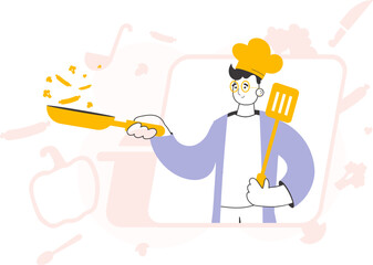 The guy cook is holding a frying pan. Trendy style line art. Vector illustration.