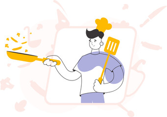 The guy cook is holding a frying pan. Trendy style line art. Vector.