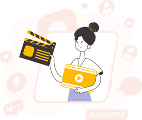 Trendy style line art. Girl blogger. The concept of social networking. Vector illustration.