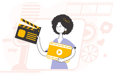 Trendy style line art. Girl blogger. The concept of social networking. Vector.