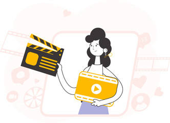 Trendy style line art. Girl blogger. Video blogging and podcast concept. Vector illustration.